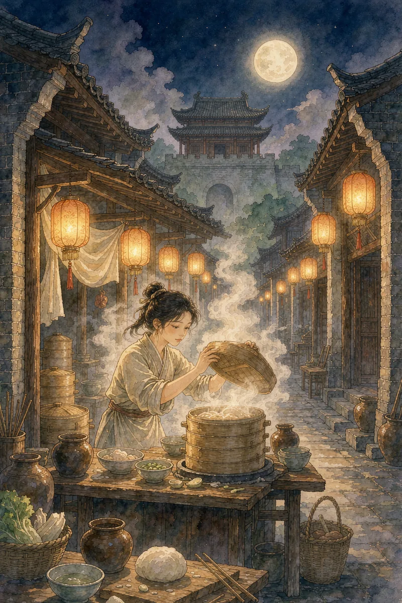 古风美食题材画面示意：长安街头的小食肆，女厨师掀开蒸笼热气升腾，远处城楼与圆月