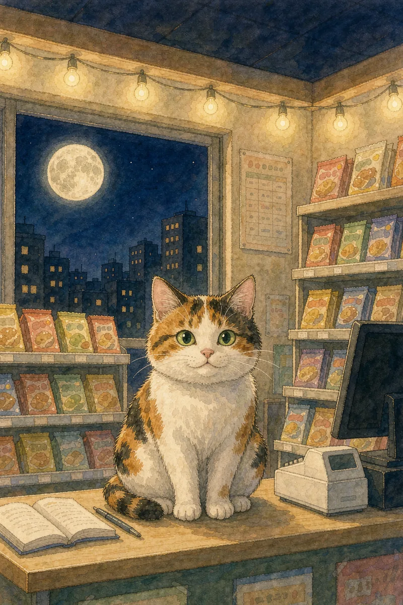 治愈日常题材画面示意：深夜便利店暖光，三花猫端坐收银台，窗外是深蓝夜空与月亮