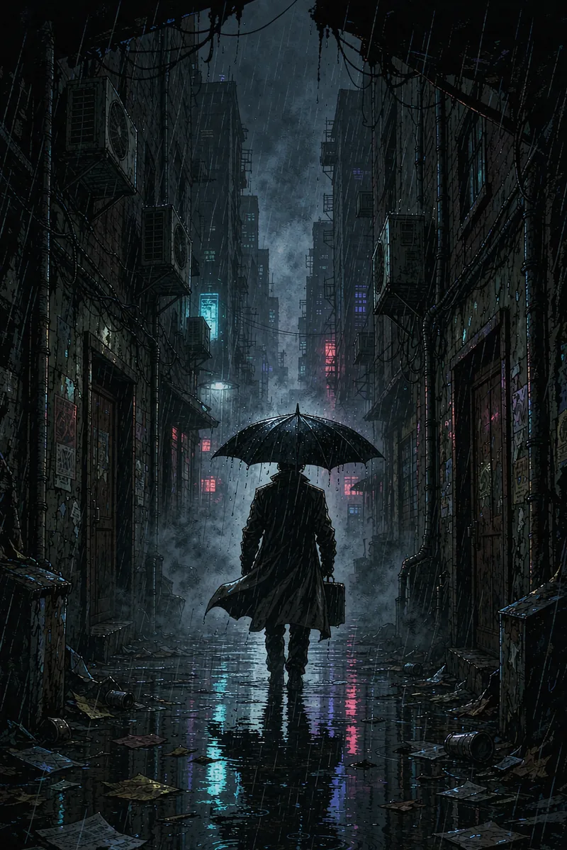 悬疑推理题材画面示意：雨夜窄巷，撑黑伞的侦探背影前行，湿地面上映着霓虹