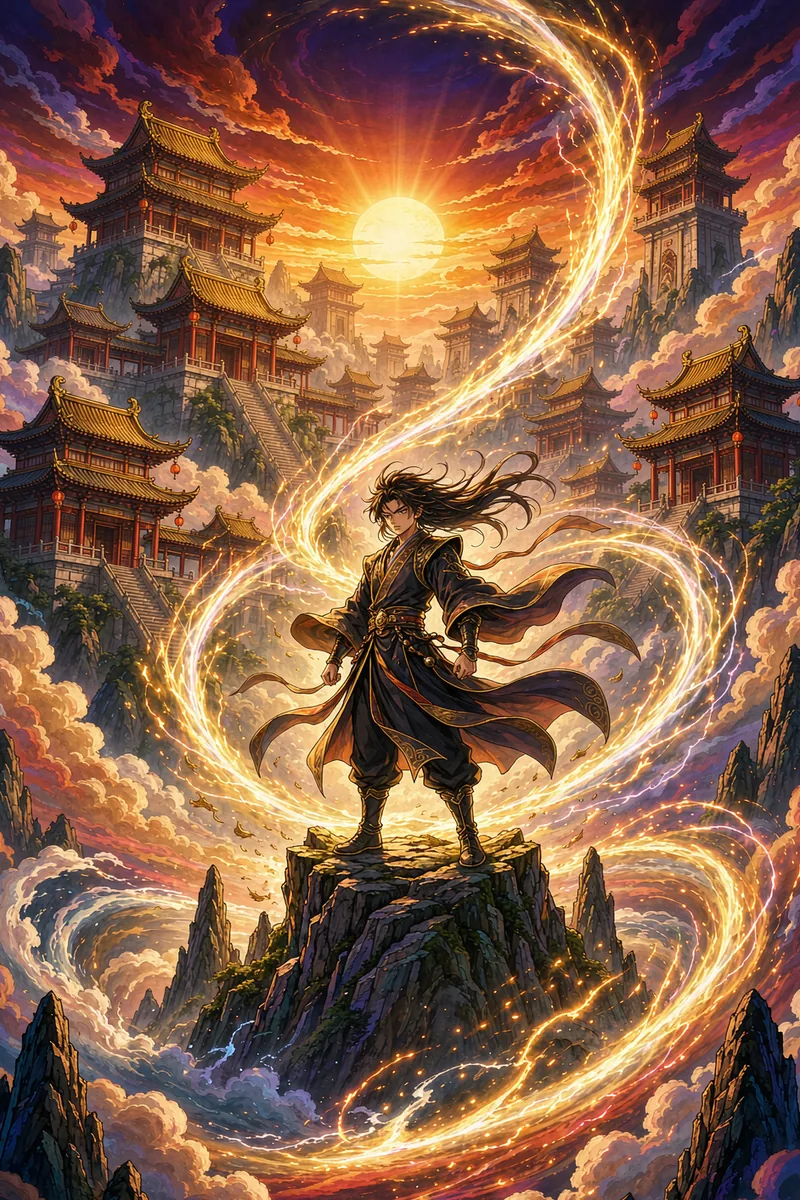 玄幻题材画面示意：少年修士立于山巅，金色灵气环绕，脚下云海与宗门建筑群